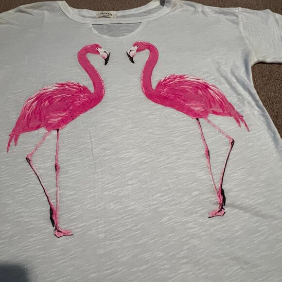 Promesa White Slubbed Tee Pink Flamingos Short Sleeve Cutout Neckline MED USA - Picture 6 of 8